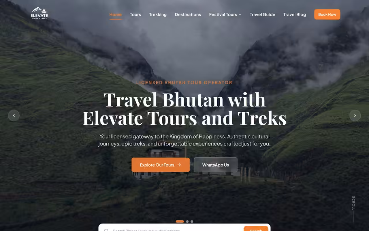 Elevate Tours & Treks website on desktop